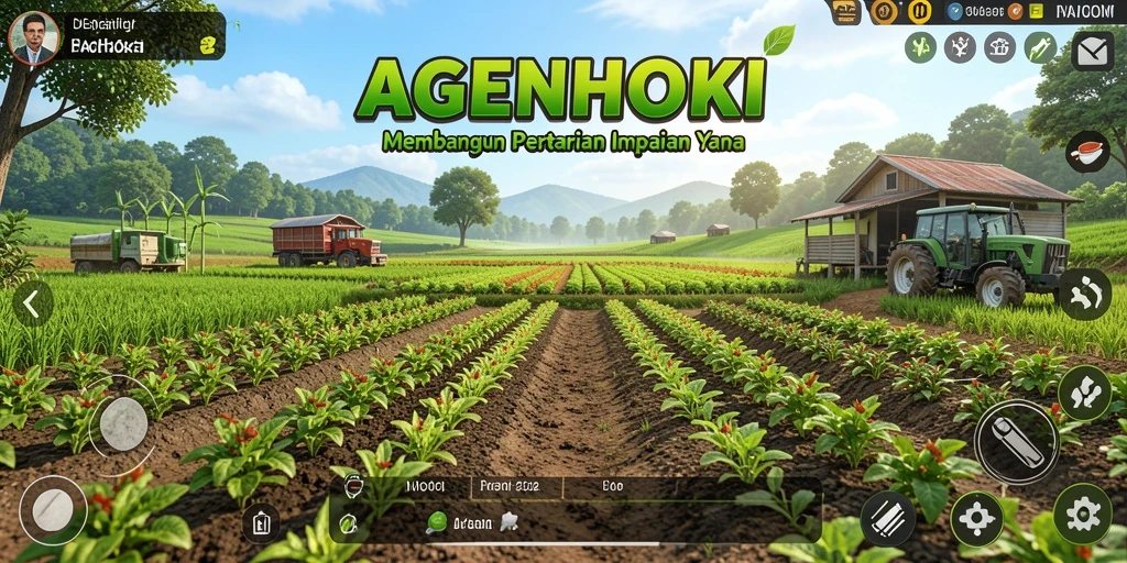 Screenshot menunjukkan aktivitas gameplay di AGENHOKI dengan lahan pertanian yang hijau.