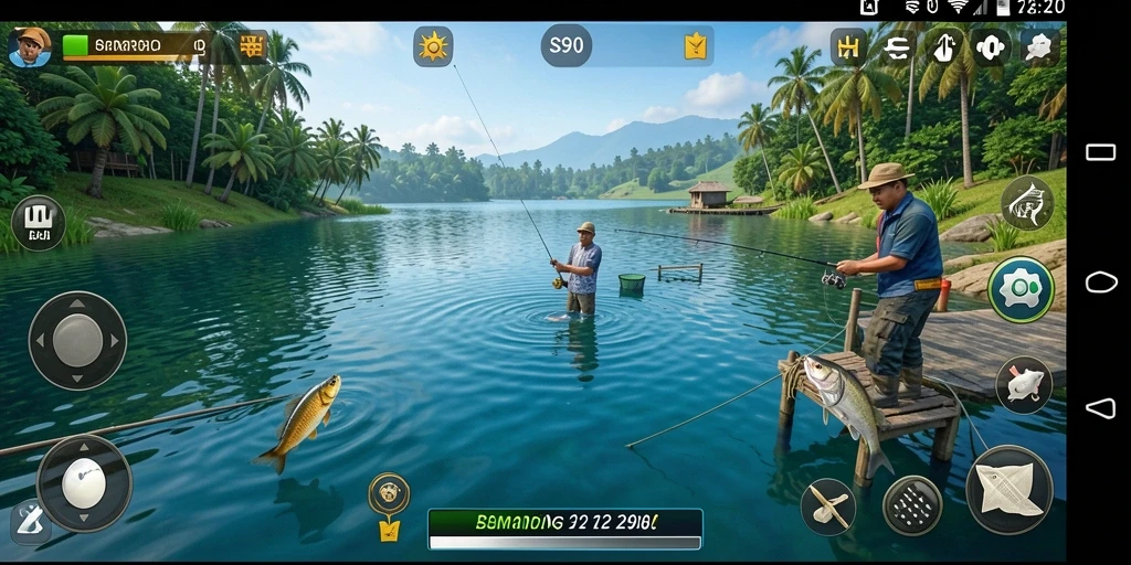 Screenshot utama S80 menampilkan aksi seru dalam memancing ikan.